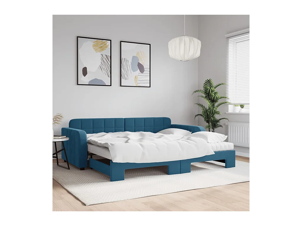 Slaapbank onderschuifbed en matrassen 90x200 cm fluweel blauw