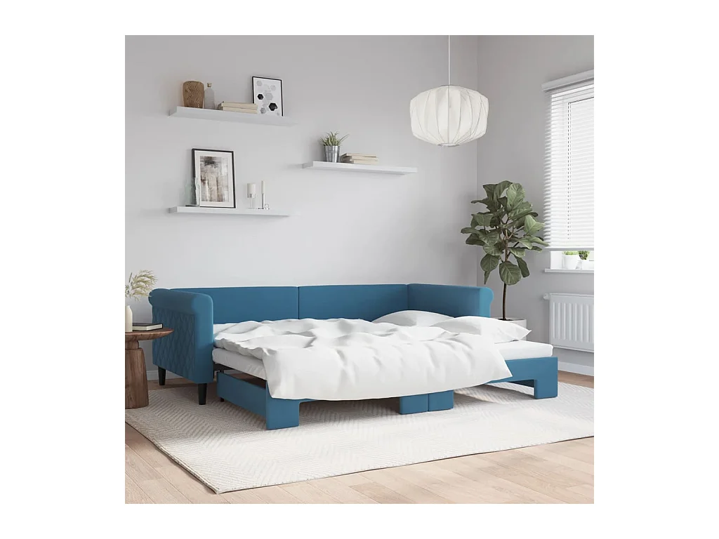 Slaapbank met onderschuifbed 90x200 cm fluweel blauw