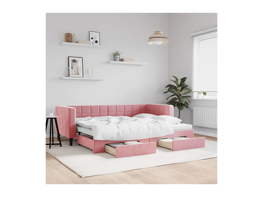 Slaapbank met onderschuifbed en lades 80x200 cm fluweel roze