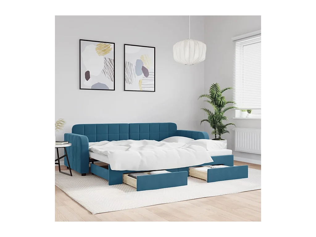 Slaapbank met onderschuifbed en lades 80x200 cm fluweel blauw