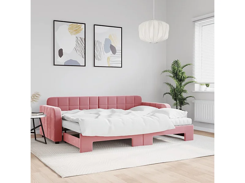 Slaapbank onderschuifbed en matrassen 80x200 cm fluweel roze