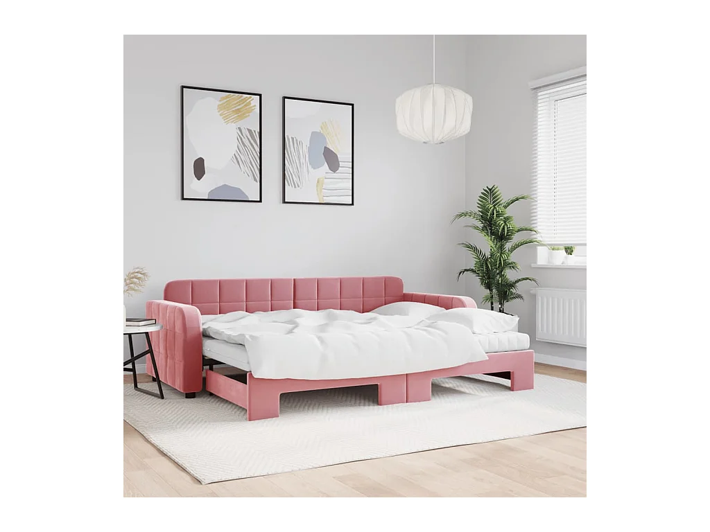 Slaapbank onderschuifbed en matrassen 80x200 cm fluweel roze