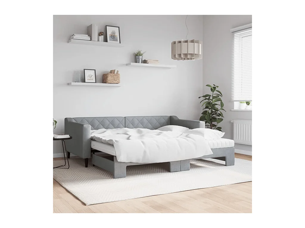 Slaapbank onderschuifbed en matrassen 90x190 cm stof lichtgrijs