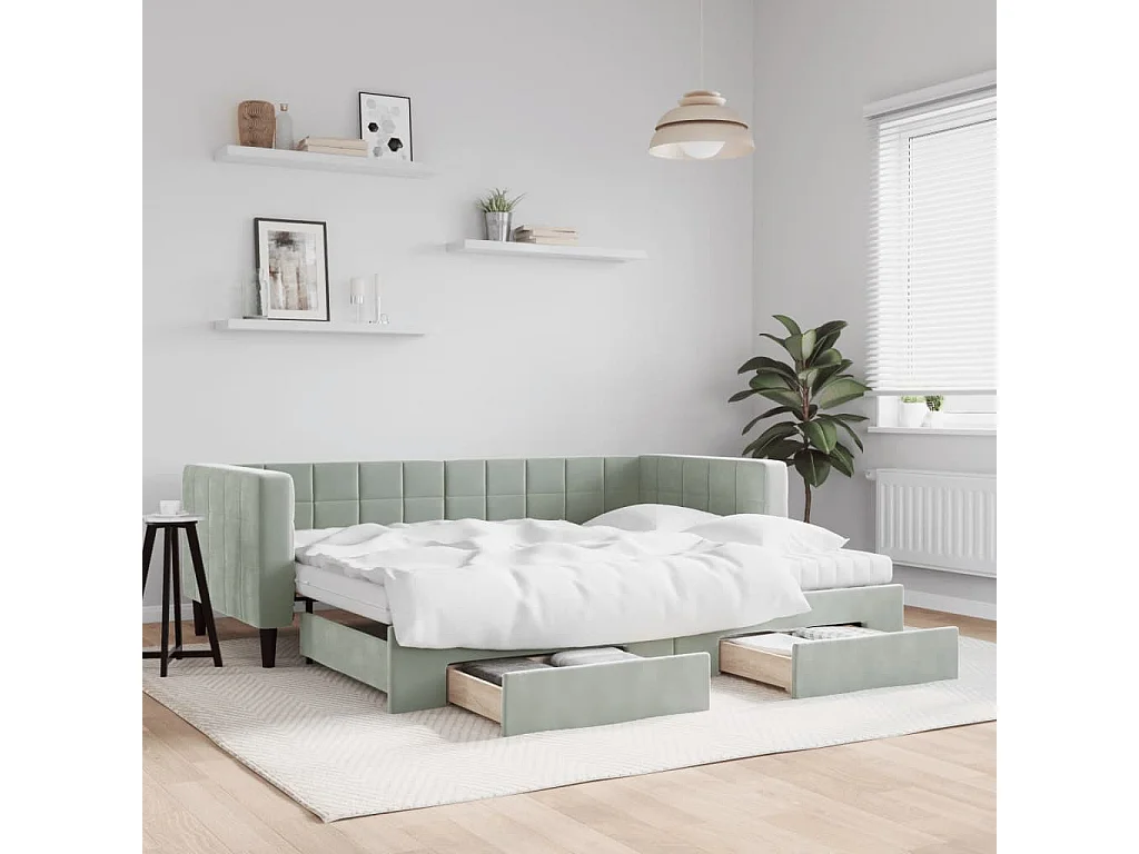 Sofá cama nido con cajones terciopelo gris claro 90x200 cm