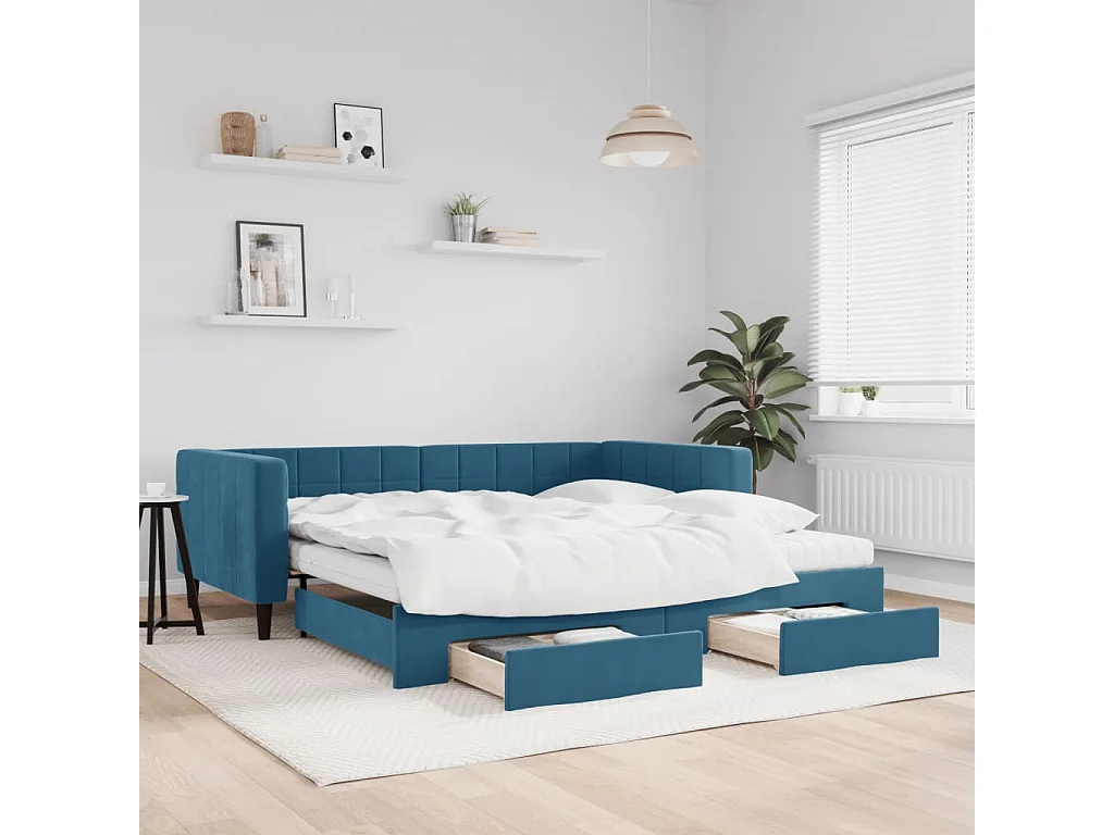 Sofá cama nido con cajones terciopelo azul 100x200 cm