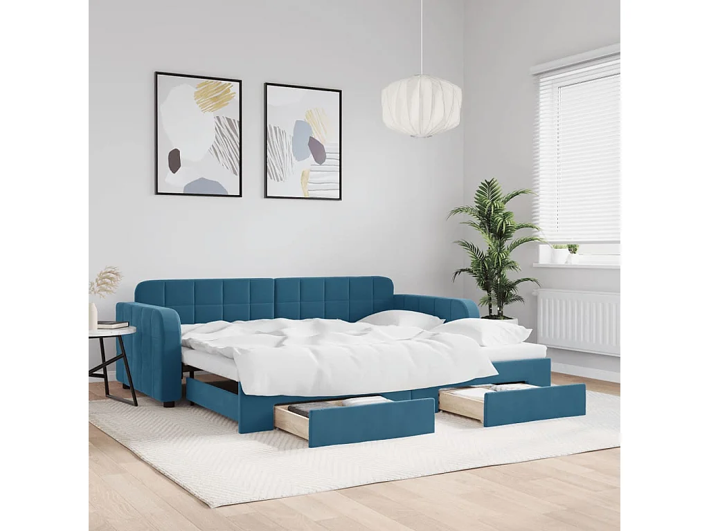 Slaapbank met onderschuifbed en lades 90x200 cm fluweel blauw