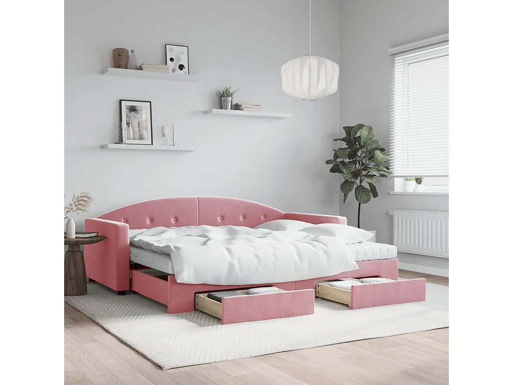 Slaapbank met onderschuifbed en lades 90x200 cm fluweel roze