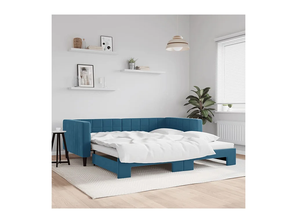 Slaapbank met onderschuifbed 100x200 cm fluweel blauw