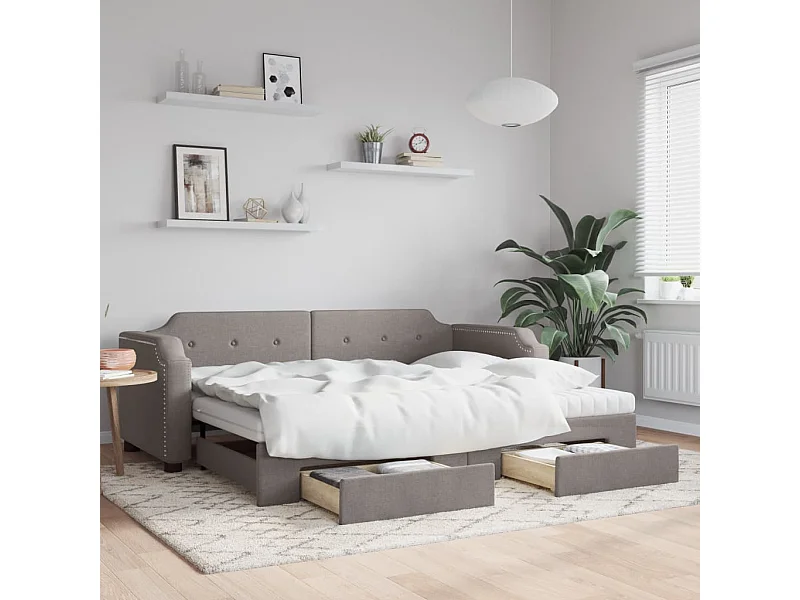Slaapbank met onderschuifbed en lades 90x200 cm stof taupe