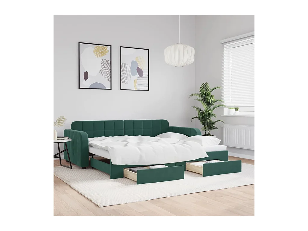 Slaapbank onderschuifbed en lades 90x200 cm fluweel donkergroen