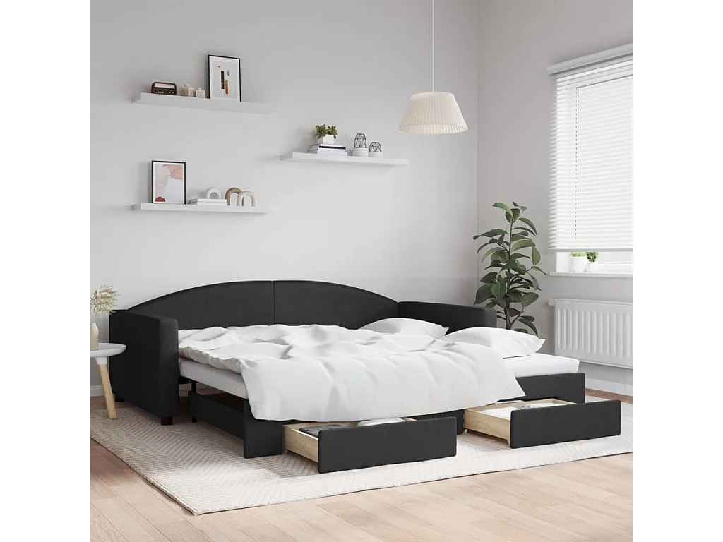 Slaapbank met onderschuifbed en lades 100x200 cm stof zwart