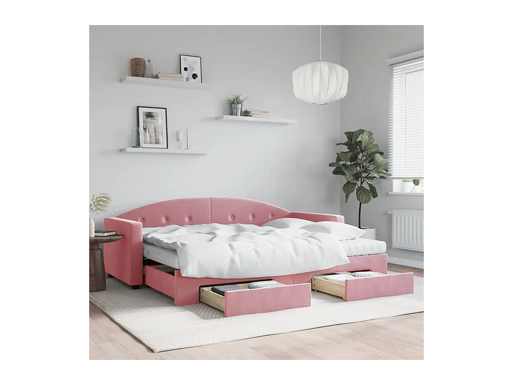 Slaapbank met onderschuifbed en lades 80x200 cm fluweel roze