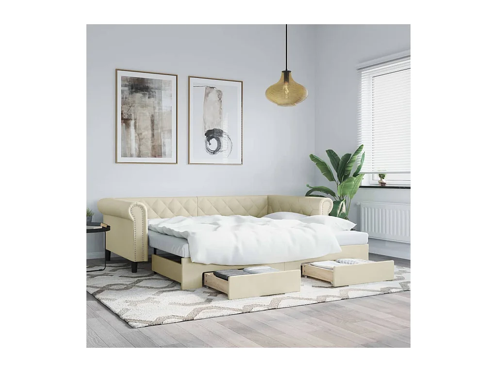 Slaapbank met onderschuifbed en lades 90x200 cm kunstleer crème
