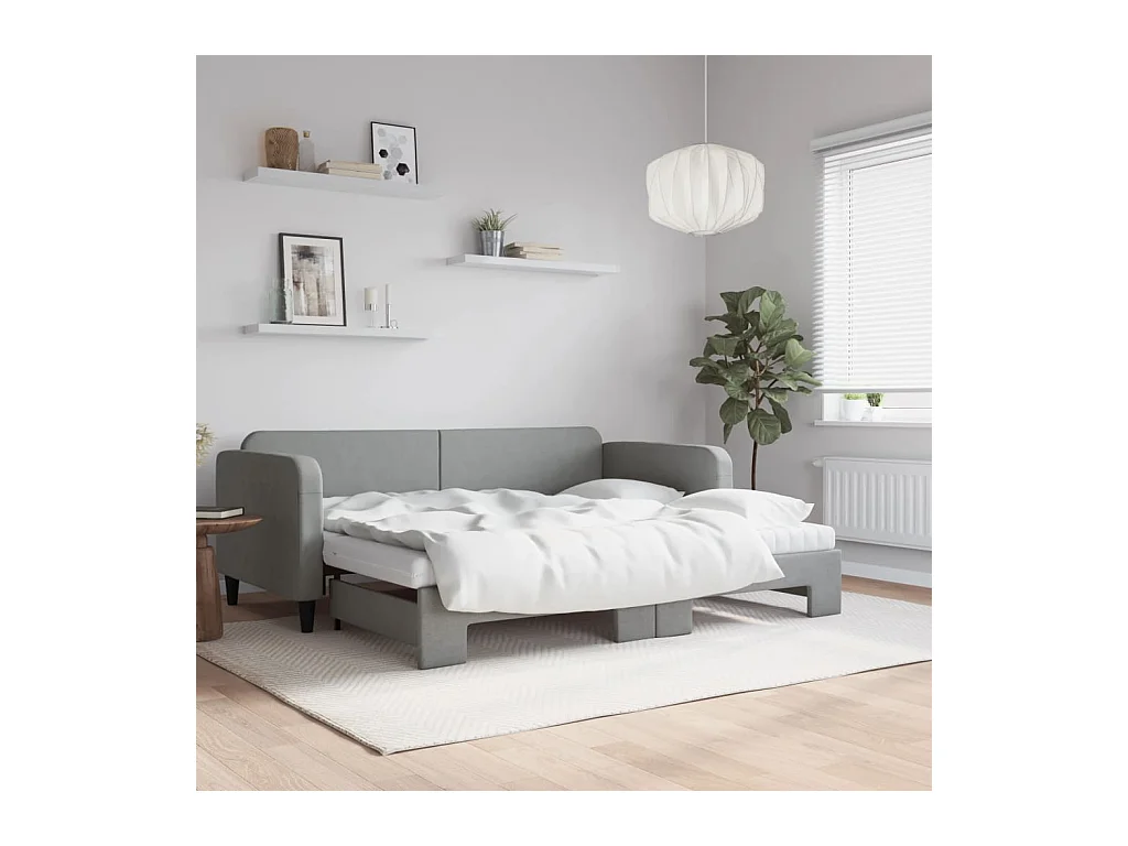 Slaapbank onderschuifbed en matrassen 90x190 cm stof lichtgrijs