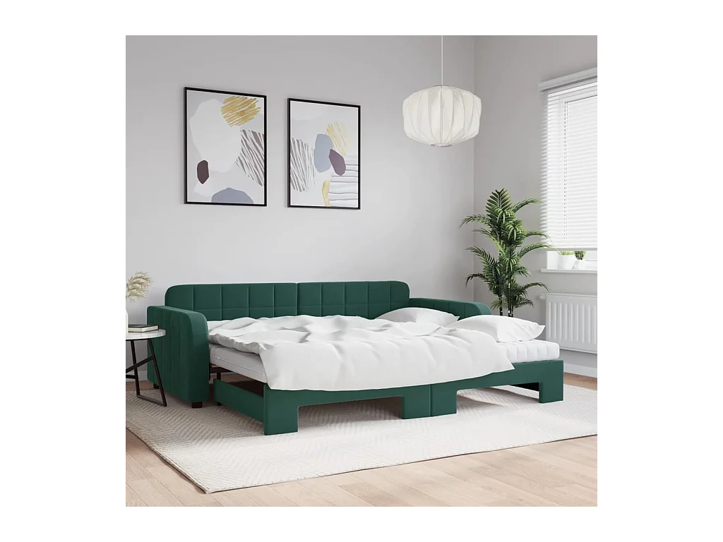 Slaapbank onderschuifbed matrassen 90x200cm fluweel donkergroen
