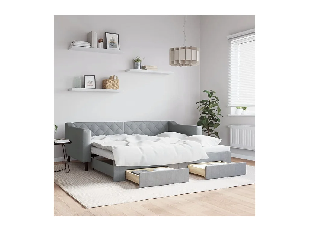 Slaapbank met onderschuifbed en lades 90x190 cm stof lichtgrijs