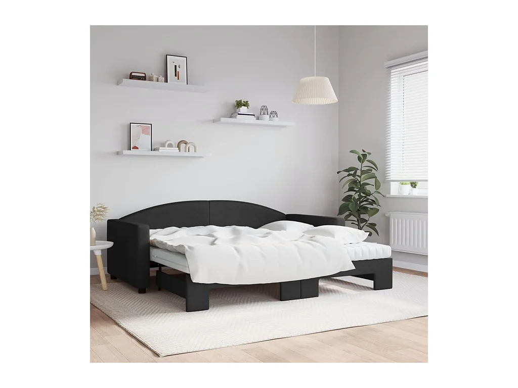Slaapbank met onderschuifbed en matrassen 90x190 cm stof zwart