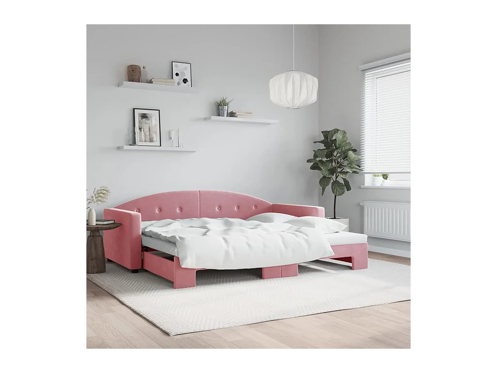 Slaapbank met onderschuifbed 90x200 cm fluweel roze