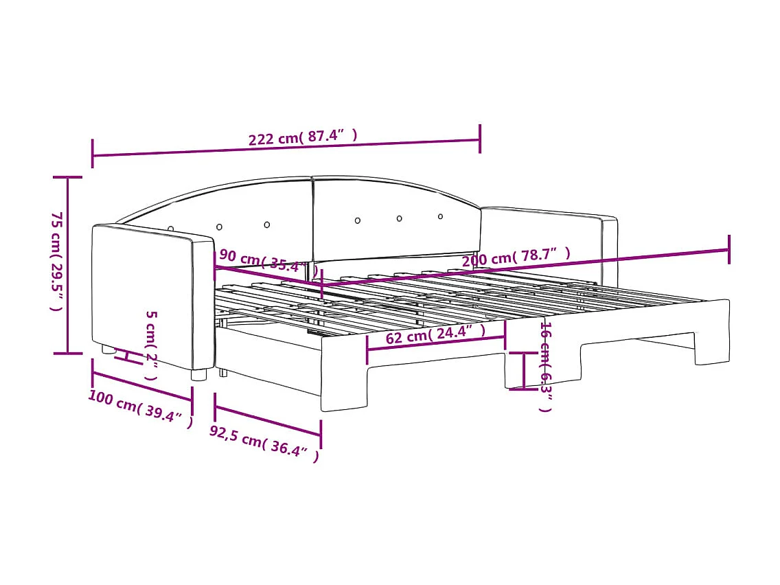 Slaapbank met onderschuifbed 90x200 cm fluweel roze