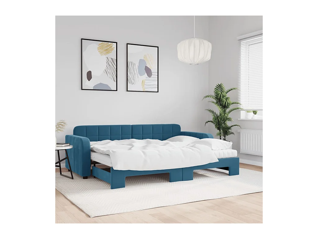 Slaapbank onderschuifbed en matrassen 80x200 cm fluweel blauw