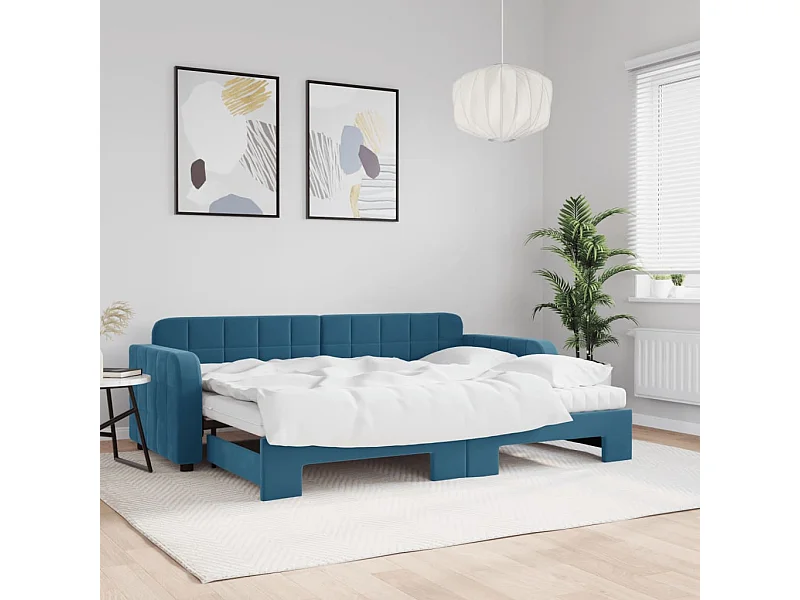 Slaapbank onderschuifbed en matrassen 80x200 cm fluweel blauw