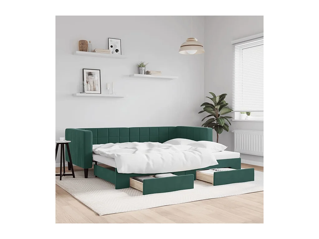 Slaapbank onderschuifbed en lades 90x200 cm fluweel donkergroen
