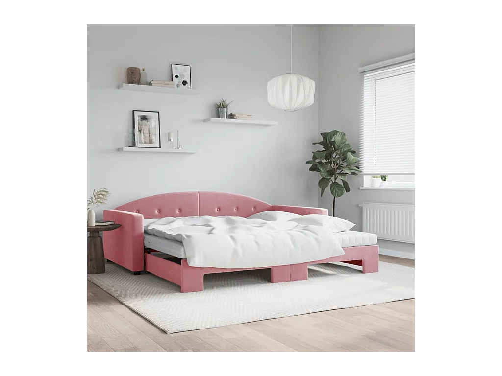 Slaapbank onderschuifbed en matrassen 100x200 cm fluweel roze