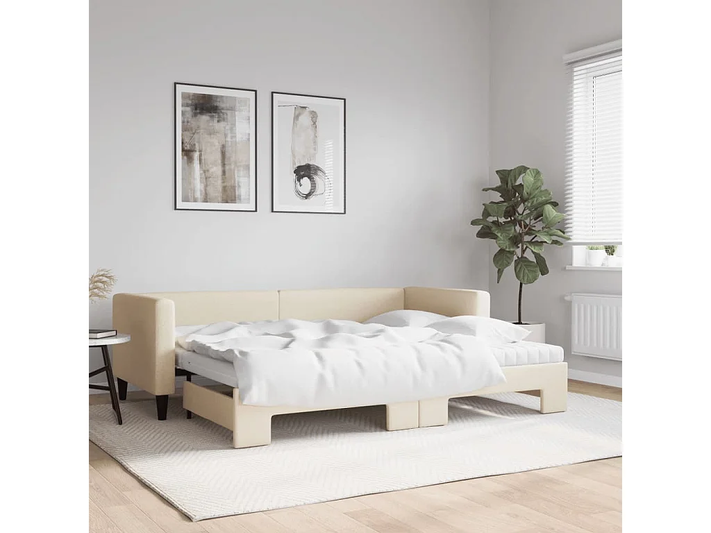 Sofá-cama c/ gavetão e colchões 80x200 cm tecido cor creme