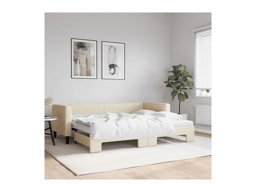 Slaapbank met onderschuifbed en matrassen 80x200 cm stof crème