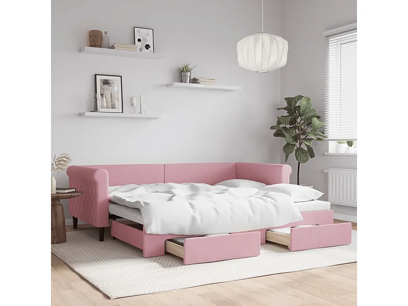 Slaapbank met onderschuifbed en lades 90x200 cm fluweel roze
