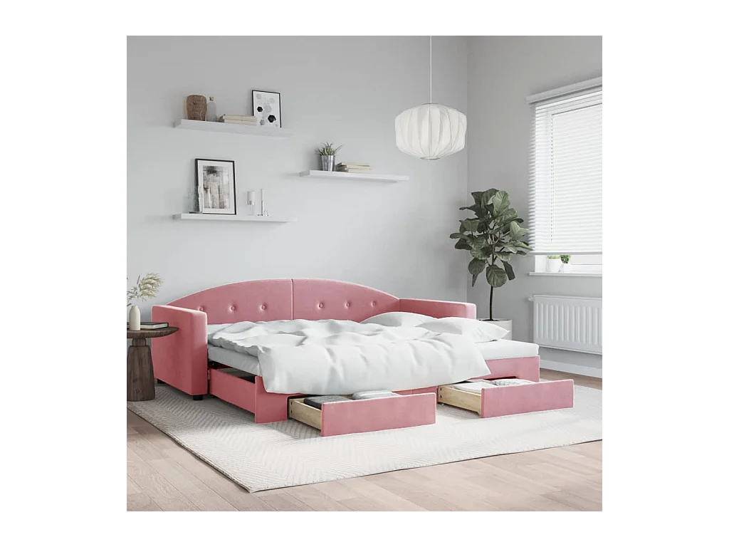 Slaapbank met onderschuifbed en lades 90x200 cm fluweel roze