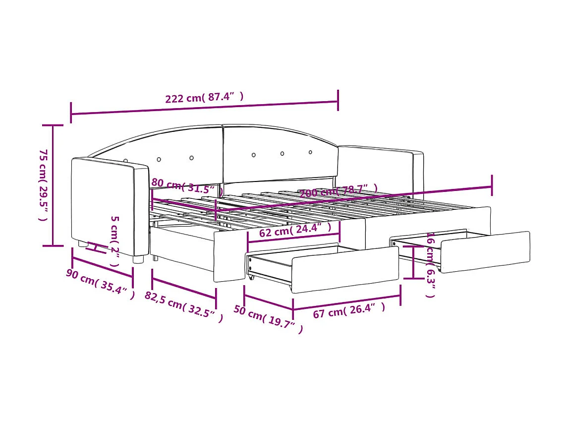 Slaapbank met onderschuifbed en lades 80x200 cm fluweel roze