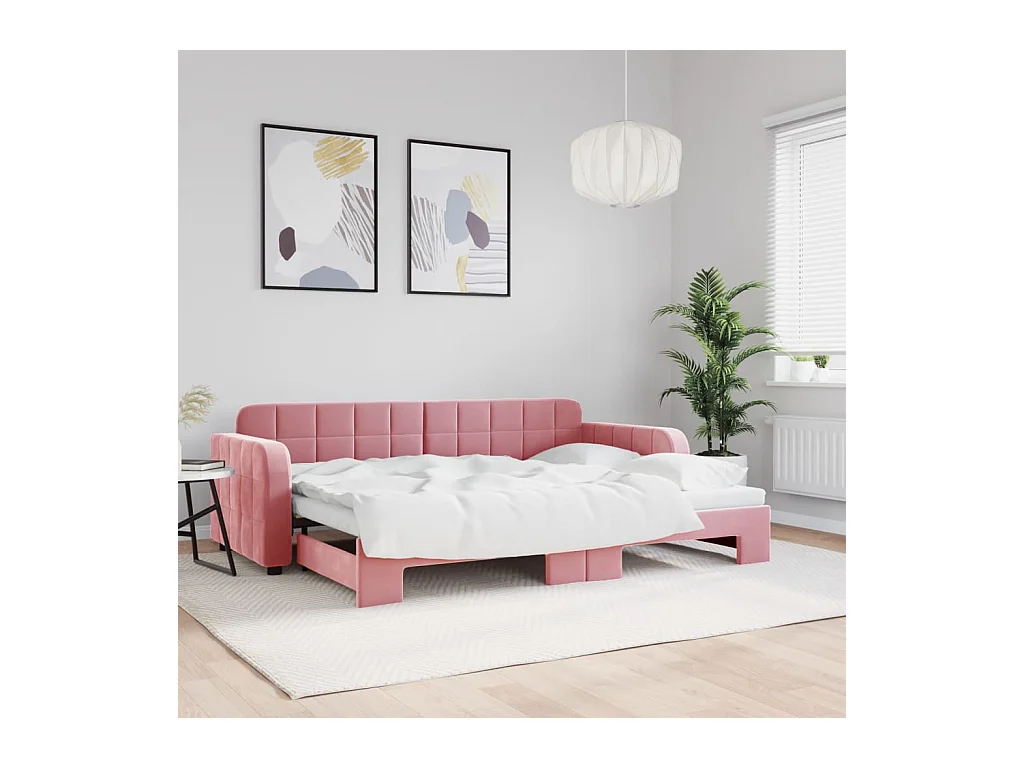 Slaapbank met onderschuifbed 80x200 cm fluweel roze