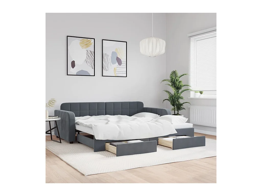 Lit de jour avec gigogne et tiroirs gris foncé 90x200cm velours