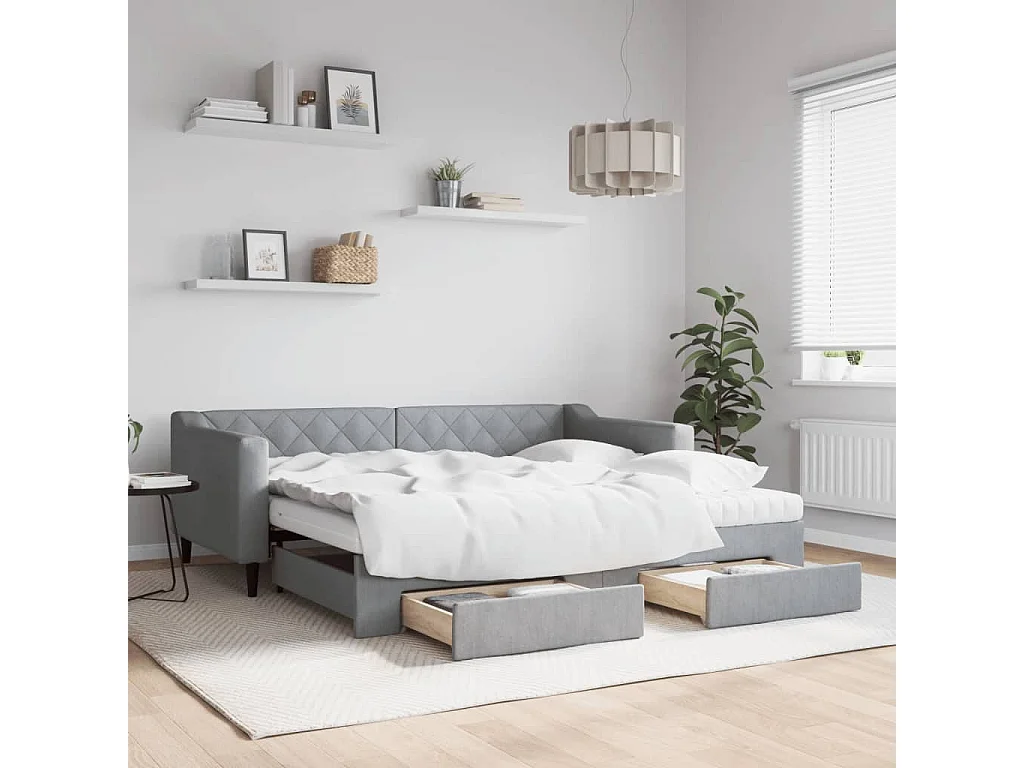Slaapbank met onderschuifbed en lades 90x190 cm stof lichtgrijs