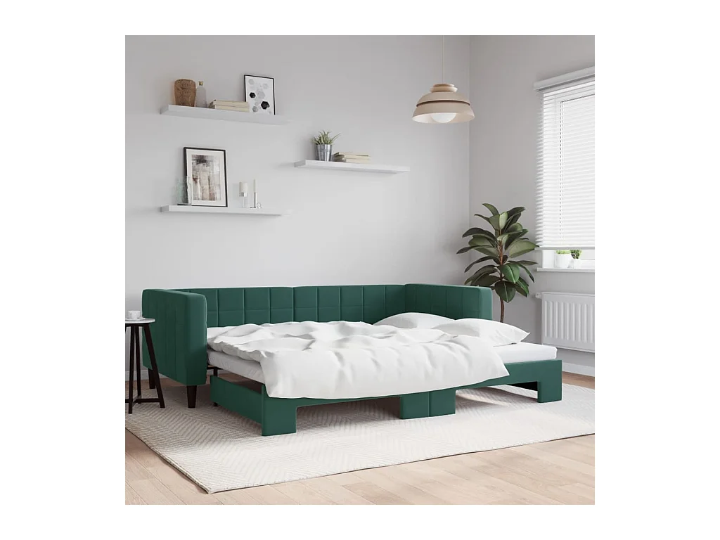 Slaapbank met onderschuifbed 90x200 cm fluweel donkergroen