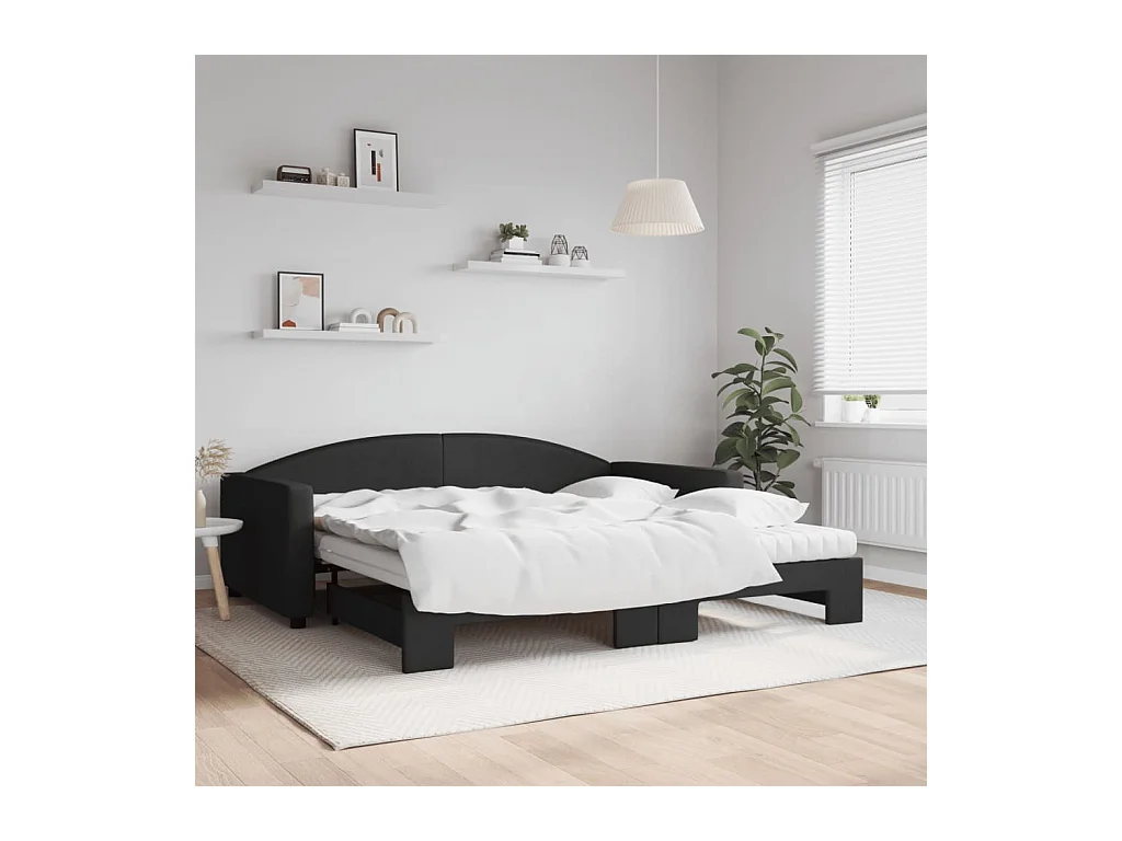 Slaapbank met onderschuifbed en matrassen 100x200 cm stof zwart