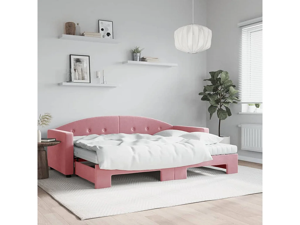 Slaapbank onderschuifbed en matrassen 80x200 cm fluweel roze