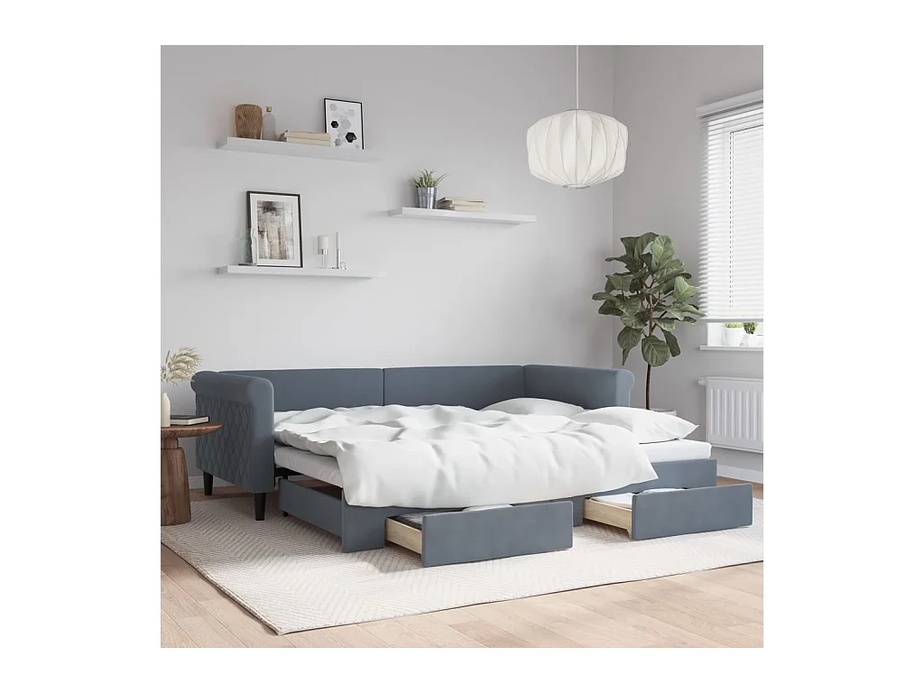 Slaapbank onderschuifbed en lades 90x200 cm fluweel donkergrijs