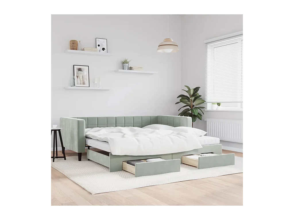 Slaapbank onderschuifbed en lades 100x200 cm fluweel lichtgrijs