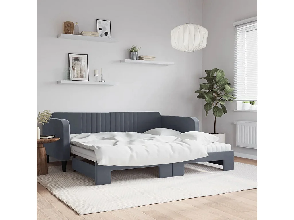 Slaapbank onderschuifbed matrassen 100x200cm fluweeldonkergrijs
