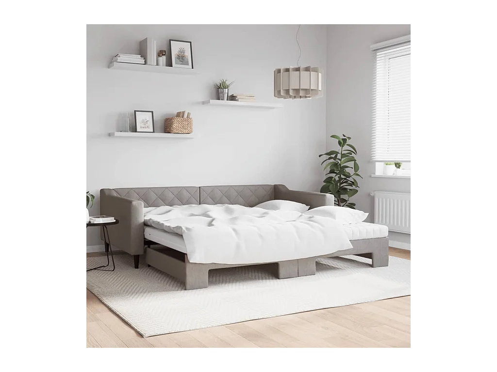 Slaapbank met onderschuifbed en matrassen 100x200 cm stof taupe