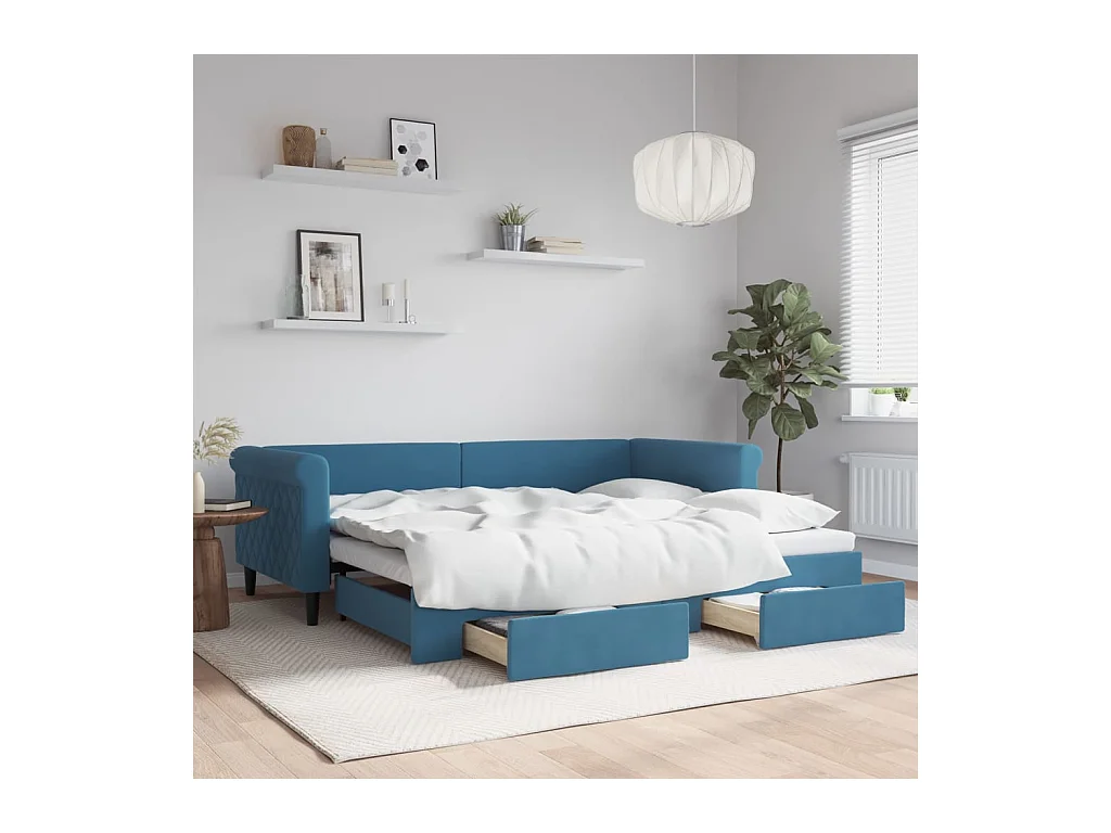 Slaapbank met onderschuifbed en lades 90x200 cm fluweel blauw