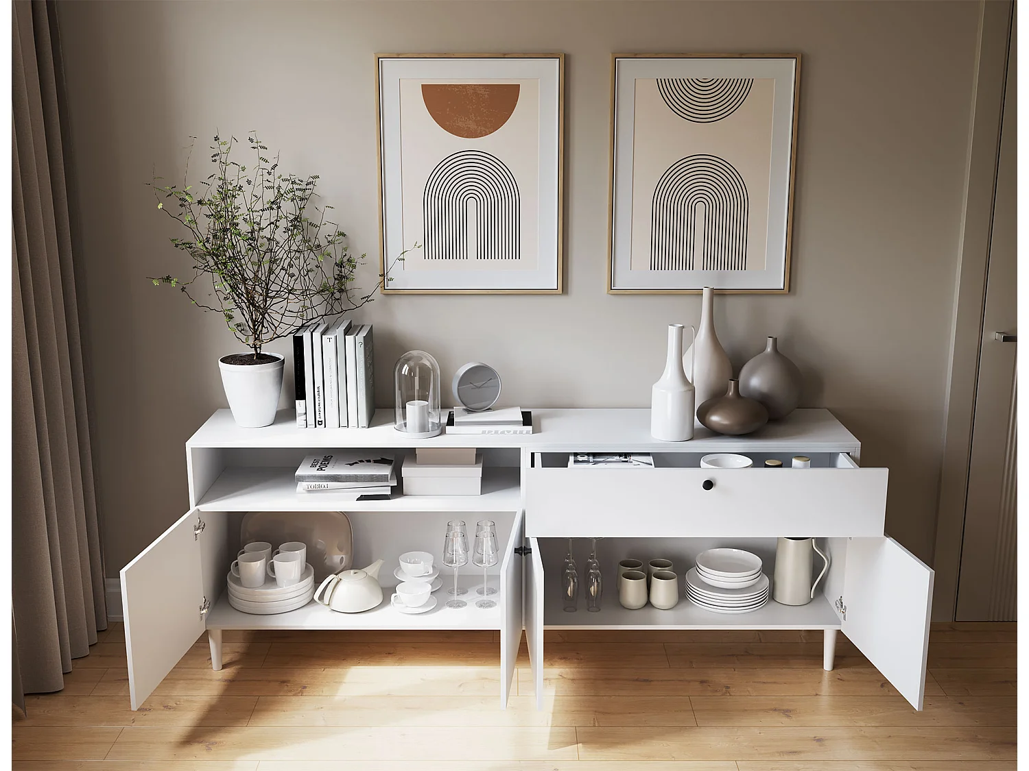 Credenza Savona/ante battenti/piano mobile/bianco