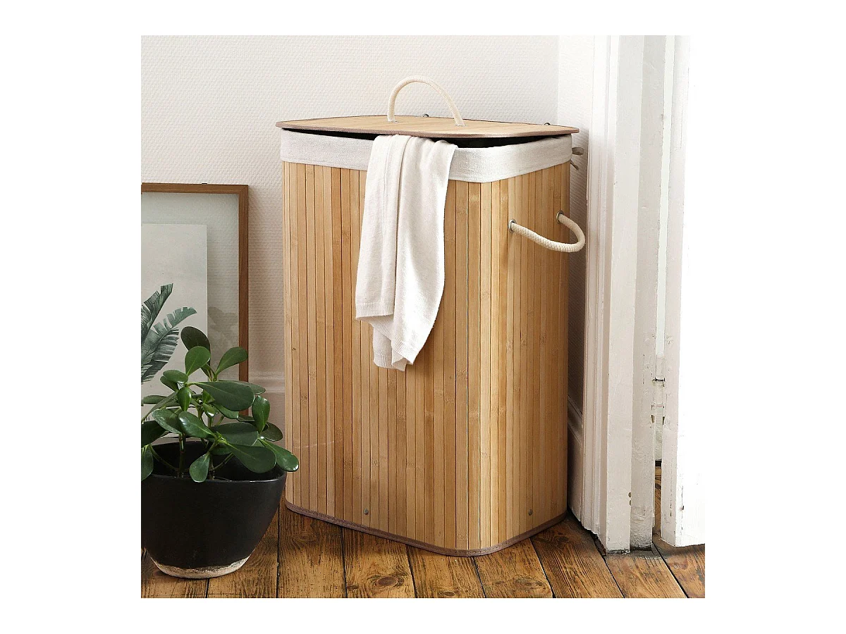 Panier à linge rectangulaire en bambou 70L - H60 cm