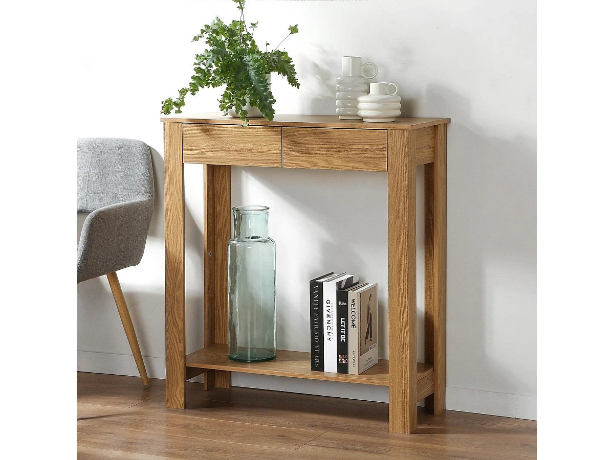 Console Haute 2 Tiroirs Décor Chêne - L79 cm