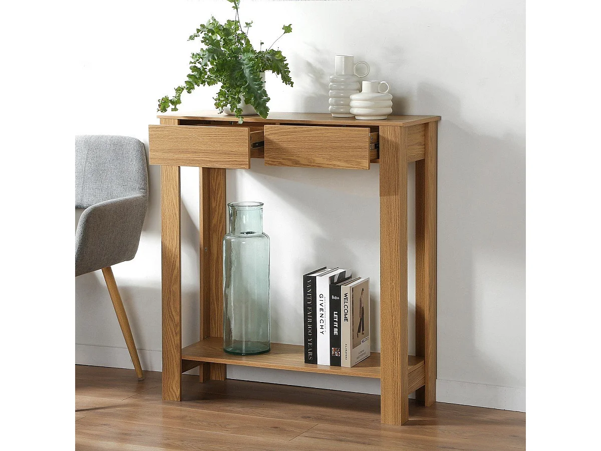 Console Haute 2 Tiroirs Décor Chêne - L79 cm