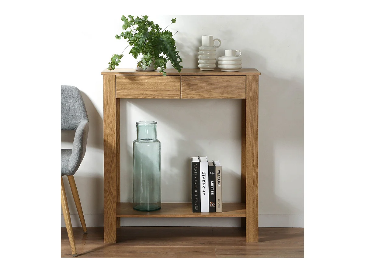 Consola alta de 2 cajones decorada en roble - L79 cm