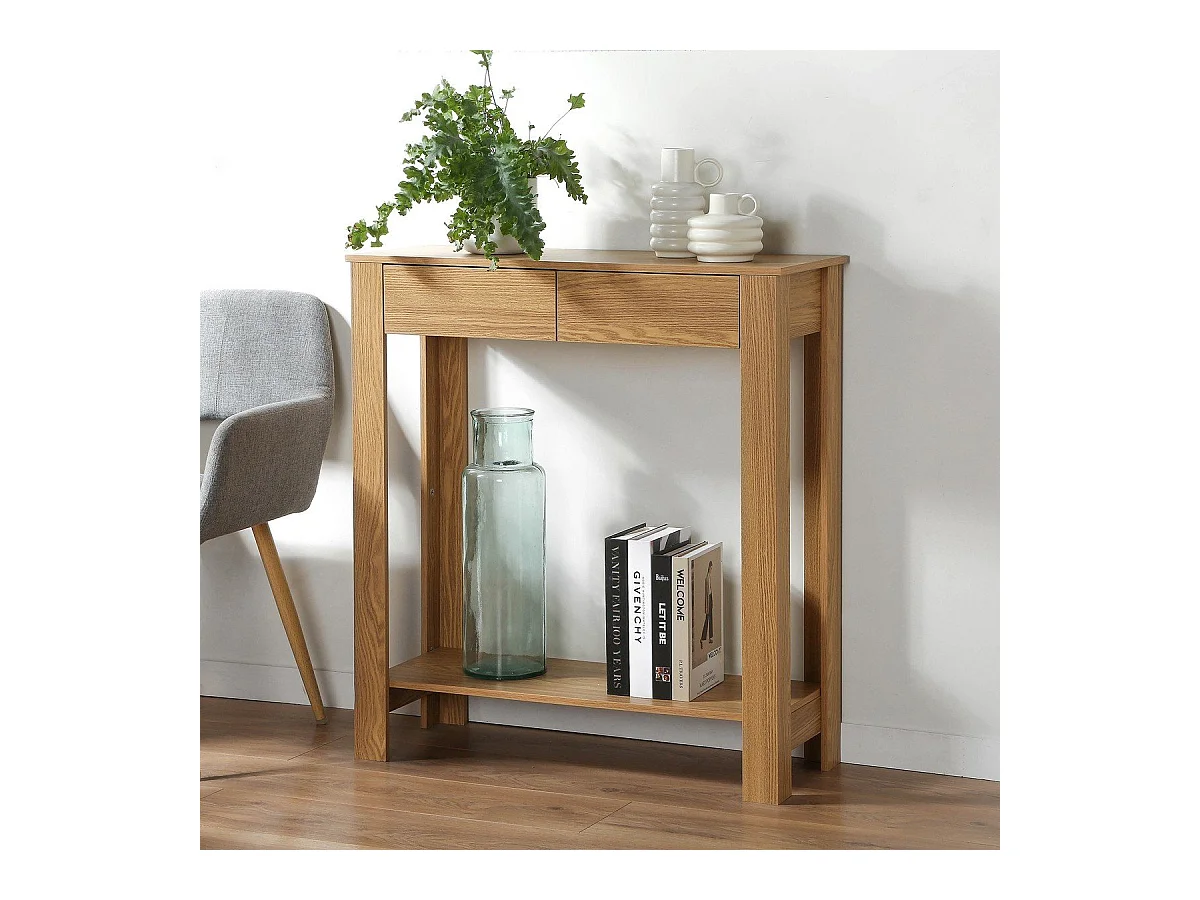 Consola alta de 2 cajones decorada en roble - L79 cm