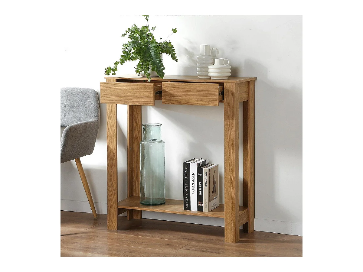 Consola alta de 2 cajones decorada en roble - L79 cm